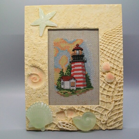 Cross Stitch Red White Stripe Lighthouse Scene in Seashell Frame - Picture 1 of 5